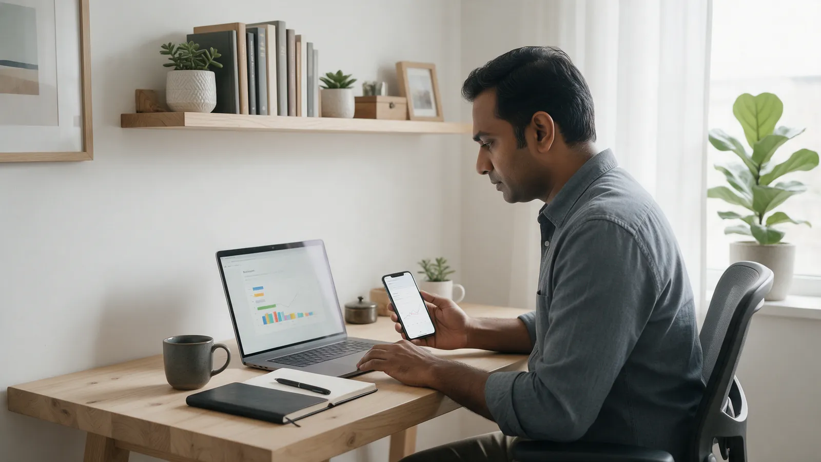 Business owner comparing ad results on a laptop and a phone