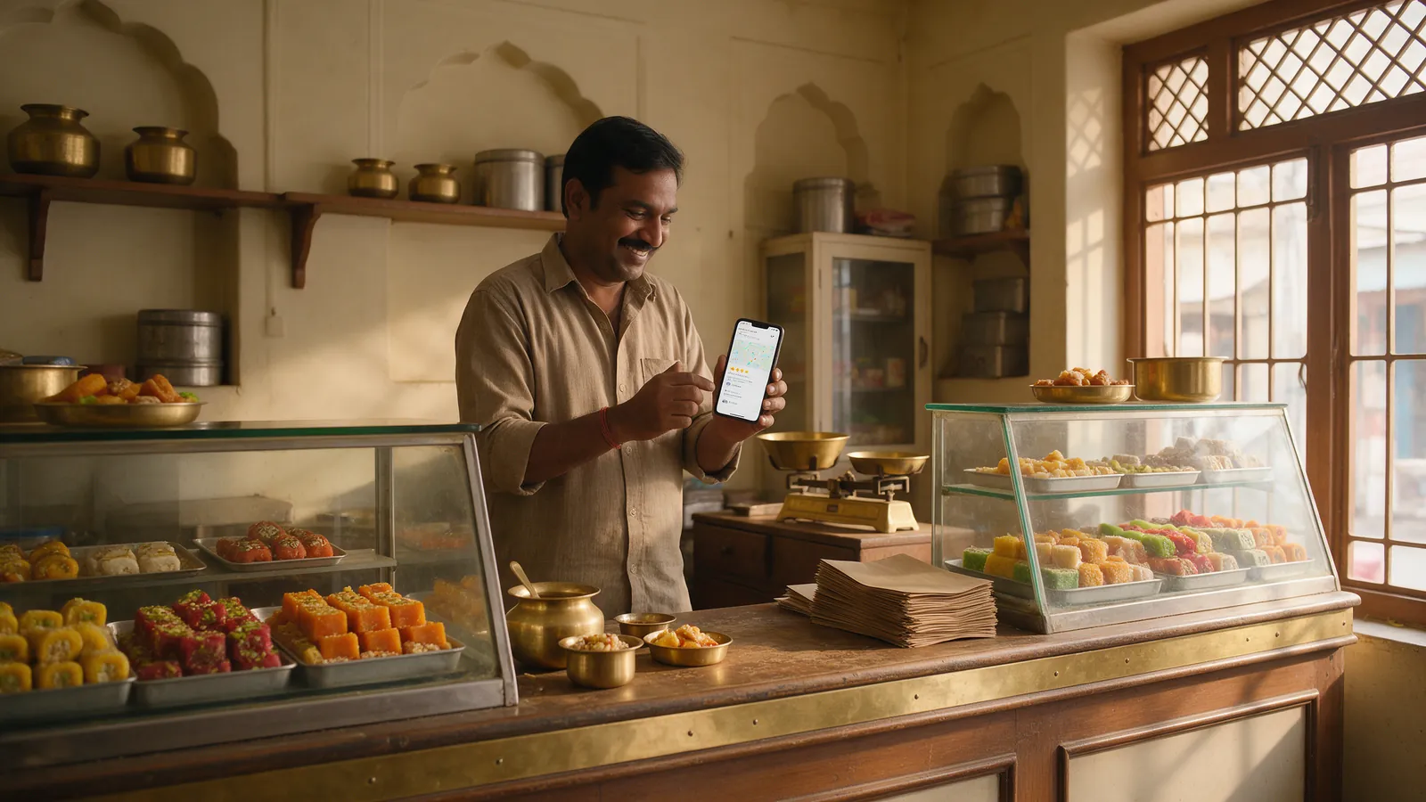 Sweet shop owner checking his business listing on a phone at the shop counter