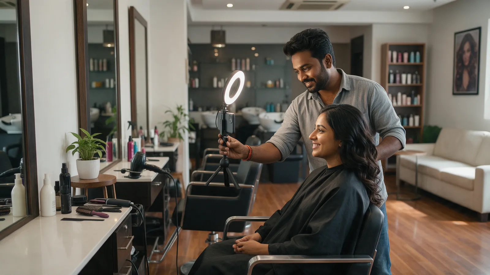 Salon stylist recording a reel of a client's new hairstyle with a phone and ring light
