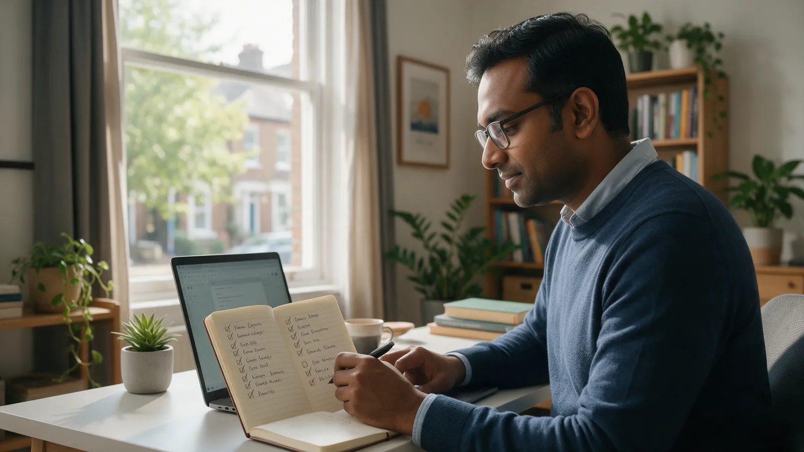 Business owner working through a website checklist in a notebook next to his laptop