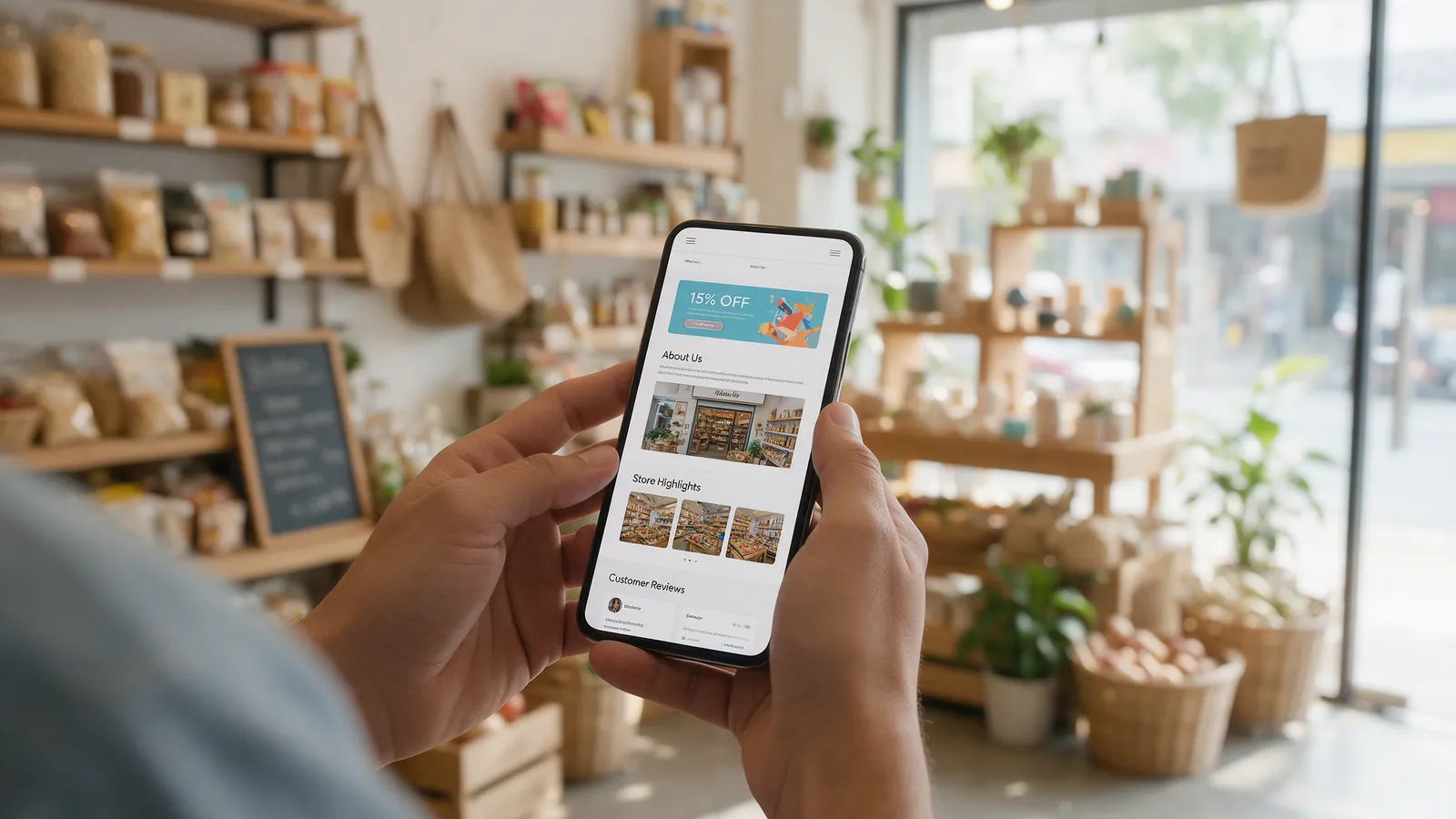 Customer browsing a local shop website on a smartphone inside the store